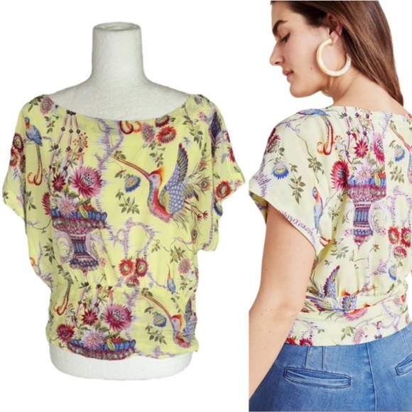 Anthropologie Maeve Garden Silk Top Shirt Blouse US 6 Floral Birds Short Sleeves - Picture 10 of 10